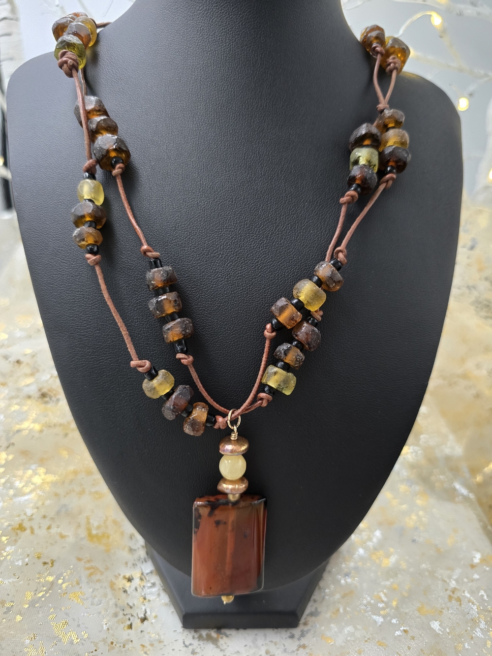 Tanzanite Pendant Necklace With Amber Tone Stone And Glass Beads Custome Made